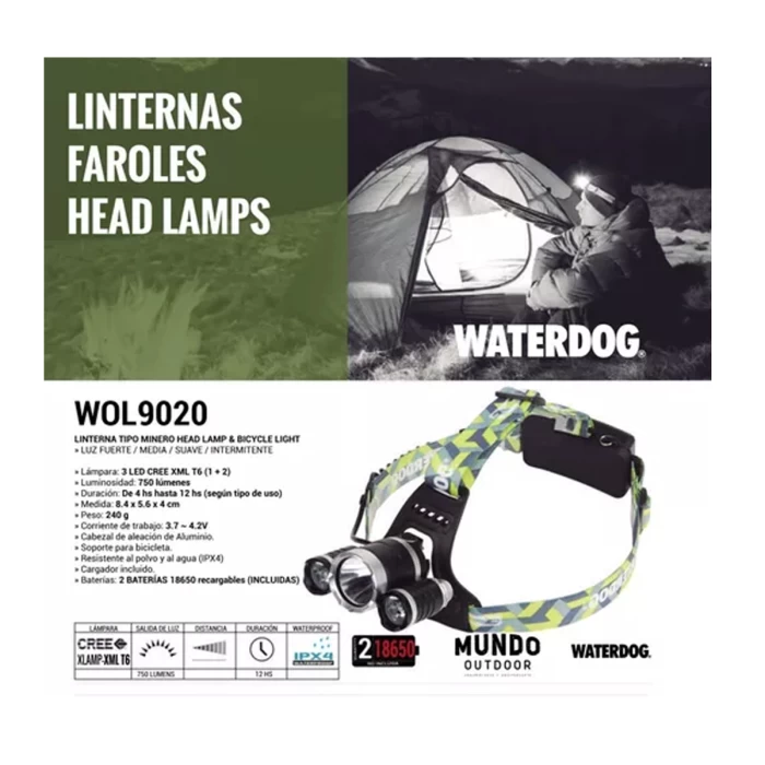 Linterna De Cabeza Waterdog 750 Lumens 2x Camping