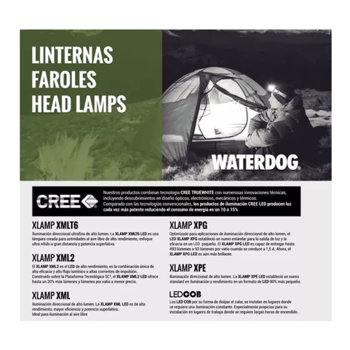 Linterna De Cabeza Waterdog 750 Lumens 2x Camping